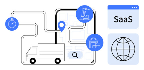 Poster - Delivery truck on a mapped route with connected facilities and a SaaS platform. Ideal for logistics, supply chain, technology, business, automation, tracking, global communication. Simple flat