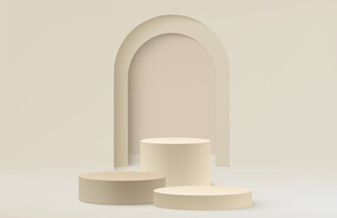 Poster - Beige podium composition with three cylinder platforms and arch backdrop. Cream minimalist display for product presentation with circular pedestals steps. Elegant stage design for luxury beauty ad.