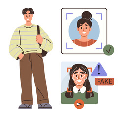 Poster - Young man standing calmly beside facial recognition scans, showing a verified authentic face and a flagged fake face. Ideal for identity verification, AI, security, fraud prevention, technology