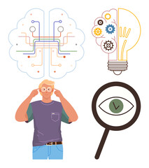 Poster - Focused man adjusts glasses alongside a brain circuit diagram, a gear-filled light bulb, and an eye under magnifying glass. Ideal for technology, creativity, innovation, problem-solving, focus