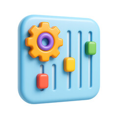 3d control panel with colorful sliders and gear icon for settings interface isolated on transparent background