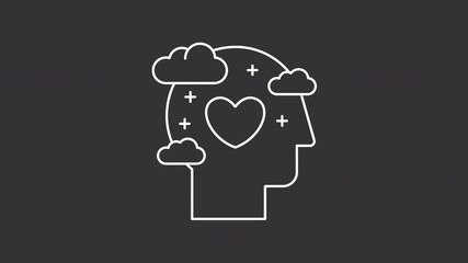 Poster - Mental wellness white line animation. Psychological wellbeing animated icon. Pumping heart. Floating cloud, shaking. Positive personality. Isolated element on dark background. Alpha transparent video