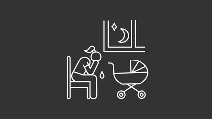 Poster - Depression white line animation. Postpartum animated icon. Falling teardrop. Moving baby carriage, shaking. Childbirth, motherhood. Isolated element on dark background. Alpha transparent video