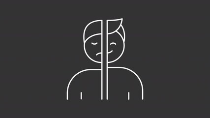 Poster - Bipolar disorder white line animation. Mood psychology animated icon. Moving bodies, changing expressions. Personality disease. Isolated element on dark background. Alpha transparent video