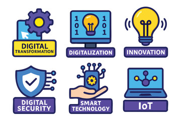 Poster - A collection of colorful, vector-style icons representing digital transformation, digitalization, innovation, digital security, smart technology, and the Internet of Things, ideal for business and