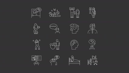 Poster - Neurological diseases animation set. Mental issues animated white line icons. Bedtime insomnia. Panic attack, bipolar mentality. Isolated elements on dark background. Alpha channel HD video