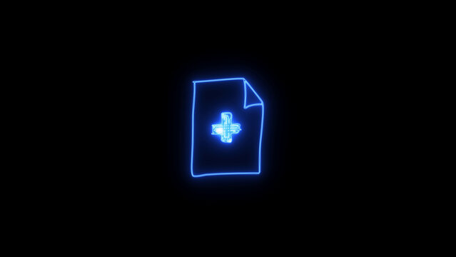 Glowing Blue Neon Style Icon of a File with a Plus Sign on a Black Background Representing New Document Add File or Medical Record