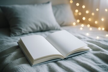 Poster - Blank open book on cozy bed with soft pillows and warm fairy lights in background, ideal for lifestyle mockup or branding presentation layout. Ai generative