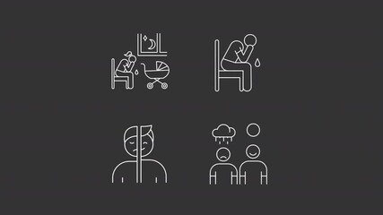 Poster - Depression animation set. Anxiety disorders animated white line icons. Postpartum, childbirth. Mood, expressions. Mental wellness. Isolated elements on dark background. Alpha channel HD video