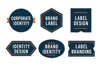 Poster - A collection of six professionally designed brand label and corporate identity templates in a navy blue and orange color scheme, perfect for business branding and marketing materials.