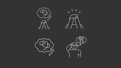 Poster - Stress issues animation set. Brain illness animated white line icons. Elderly, senior. Mental wellbeing. Healthcare, thinking. Isolated elements on dark background. Alpha channel HD video