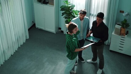 Poster - Caucasian business woman walking and presenting business plan by using financial graph to smart team while standing at meeting room. Investor talking and discuss about marketing strategy. Convocation.