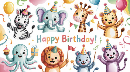  Happy Birthday with Cute Cartoon Animals Zebra, Elephant, Giraffe, Tiger, Octopus, Lion, and Cat