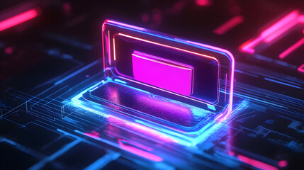 Poster - Neon laptop illuminated with vibrant pink and blue hues in a futuristic scene