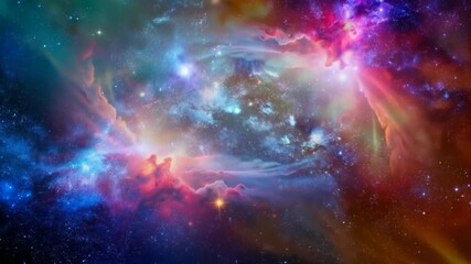 Wall Mural - Vast colorful nebulae glow brightly across deep space, swirling clouds of gas and bright stars forming.