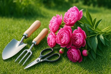 Wall Mural - gardening tools and vibrant pink peonies on fresh green grass in natural sunlight, symbolizing sprin