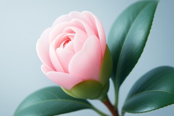 Wall Mural - close-up of delicate pink camellia flower with soft petals and green leaves on a light background, s