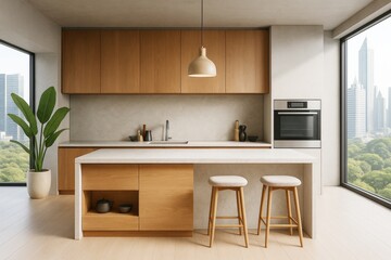 Poster - Minimalist modern kitchen interior with wooden cabinets, island, and stools in high-rise apartment with cityscape view and natural light.