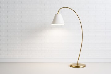 Poster - Elegant modern floor lamp with golden stand illuminating white brick wall in empty contemporary room interior background with soft ambient light.