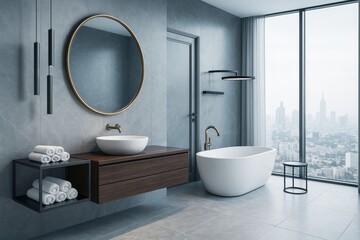 Poster - Modern minimalist bathroom interior with city view, featuring freestanding tub, round mirror, and elegant lighting design elements. Ai generative.