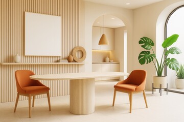 Poster - Contemporary minimalist dining room interior with wooden textures, orange chairs, and natural light for branding or design template concept.