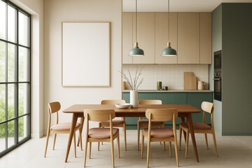 Poster - Contemporary dining room interior with wooden furniture, blank wall frame, and stylish kitchen cabinets in soft natural light background.