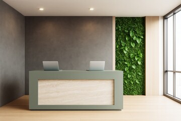 Poster - Modern reception desk with green wall in minimalist office interior featuring clean design and natural lighting through large windows.