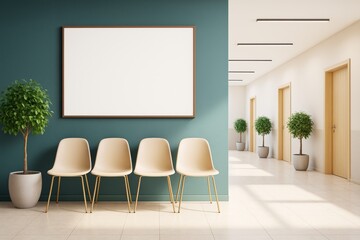 Poster - Empty modern waiting room interior with blank frame on teal wall and chairs next to hallway with potted plants and wooden doors.