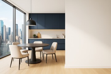 Poster - Modern kitchen interior with blue cabinets, round dining table, and blank wall space in high-rise apartment with city view and natural light.
