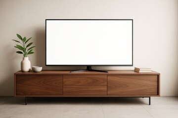 Poster - Modern TV screen with blank display on wooden cabinet in minimalist room interior with neutral wall background and decorative home elements.