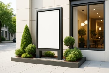 Poster - Blank billboard mockup outside modern building with clean architecture and greenery in urban setting during daylight for branding display concept.