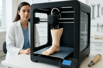 Poster - Medical professional observes 3D printer creating realistic prosthetic leg in clinical lab environment focused on healthcare innovation science tech. Ai generative