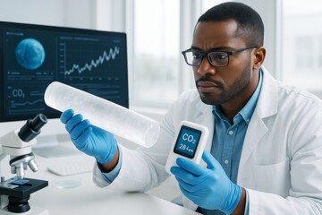 Poster - Scientist analyzing ice core sample and CO2 levels in modern laboratory with digital screen and microscope on bright scientific background. Ai generative