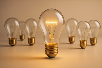 Poster - Glowing light bulb standing out among unlit ones on neutral background symbolizing innovation, leadership, and business creativity.