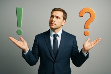 Poster - Thoughtful businessman in suit balancing exclamation and question marks over hands in light background, symbolizing decision-making concept.