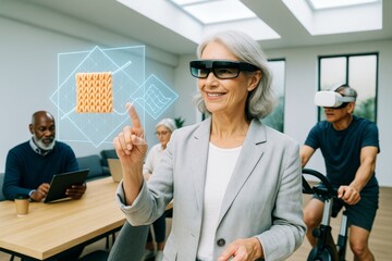 Poster - Elderly woman using augmented reality glasses for virtual interaction in modern light-filled room with futuristic health and learning concept. Ai generative