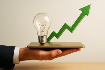Poster - Business hand holding a tablet with light bulb and rising arrow symbolizing growth and creative success on neutral background. Ai generative.