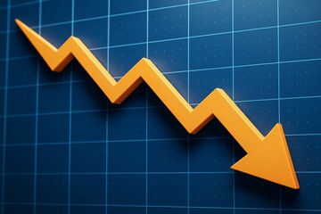 Poster - Bright orange descending arrow on abstract blue business background symbolizing financial decline or economic downturn with grid lines backdrop.