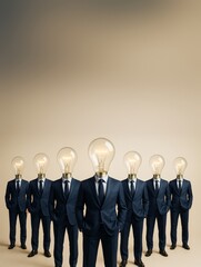 Poster - Group of businesspeople in suits with lightbulbs as heads standing in formation on beige background symbolizing innovation and leadership concept.