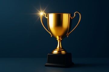 Poster - Golden trophy cup shining with sparkle on dark background with copyspace for business success or award promotion concept template design mockup.