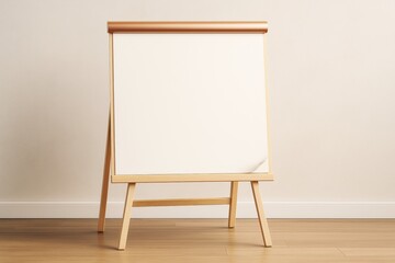 Poster - Blank flip chart on wooden easel standing in light room with clean wall, offering copy space for business presentation or advertising template.