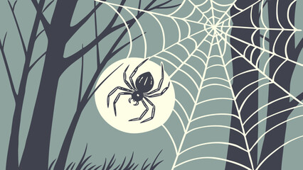 Spider on a web in a spooky forest scene