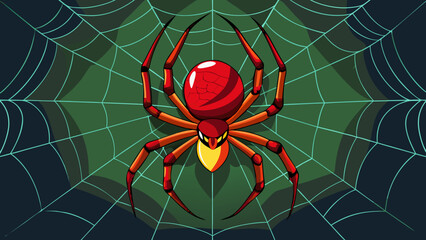 Stylized red spider on a teal web against a dark green background
