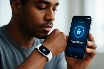 Poster - Man using smartphone digital wallet with smart fitness watch on wrist, modern technology concept on light background. Ai generative