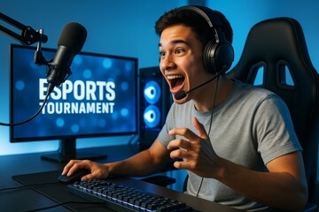 Poster - Excited gamer wearing headset streaming esports tournament with microphone, playing on computer in illuminated gaming setup and blue background. Ai generative