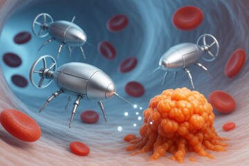 Poster - Futuristic nanotechnology robots targeting cancer cells inside human blood vessel with red cells and blue abstract medical light background. Ai generative