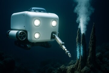 Poster - Underwater robotic submersible explores deep-sea hydrothermal vents using mechanical arm and lights in dark ocean background with advanced technology.. Ai generative