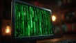 © KP - Digital Realm: The illuminated screen of a computer displays a captivating cascade of green digital code, set against a backdrop of soft lighting and an enigmatic aesthetic.