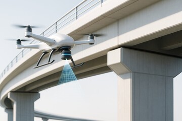 Poster - Futuristic drone scanning elevated highway structure using blue light grid for inspection or mapping on a bright minimal abstract background. Ai generative