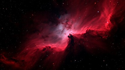 A stunning red nebula glows brightly in the vast expanse of outer space